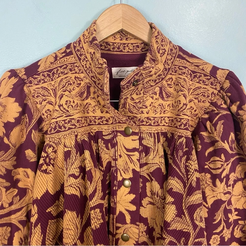 Free People‎ Emma Cardi Cardigan Floral Bird Puff Sleeve Medium Tan Purple